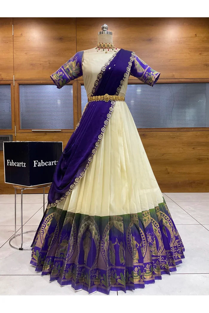 Beautiful South Indian Style Semi-Stitched Half Saree with Blouse and Dupatta for Women | Nilkanth