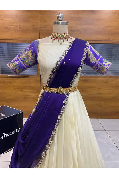 Beautiful South Indian Style Semi-Stitched Half Saree with Blouse and Dupatta for Women | Nilkanth