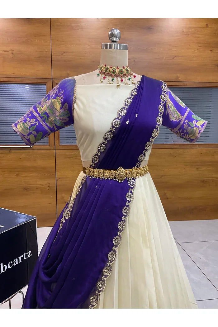 Beautiful South Indian Style Semi-Stitched Half Saree with Blouse and Dupatta for Women | Nilkanth