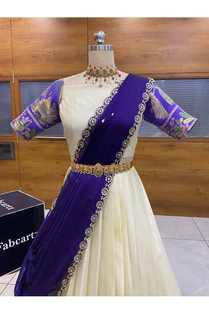 Beautiful South Indian Style Semi-Stitched Half Saree with Blouse and Dupatta for Women | Nilkanth