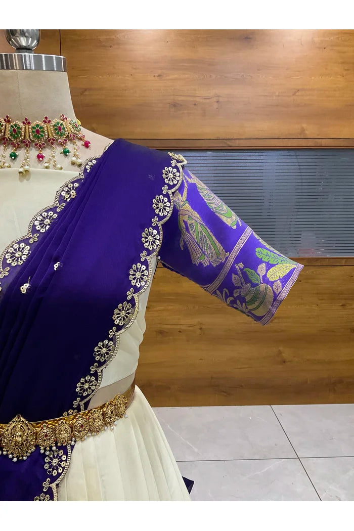 Beautiful South Indian Style Semi-Stitched Half Saree with Blouse and Dupatta for Women | Nilkanth