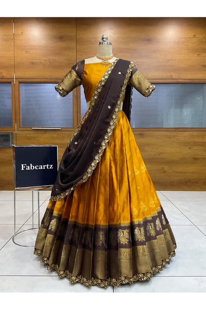Beautiful South Indian Style Semi-Stitched Half Saree with Blouse and Dupatta for Women | Paradise