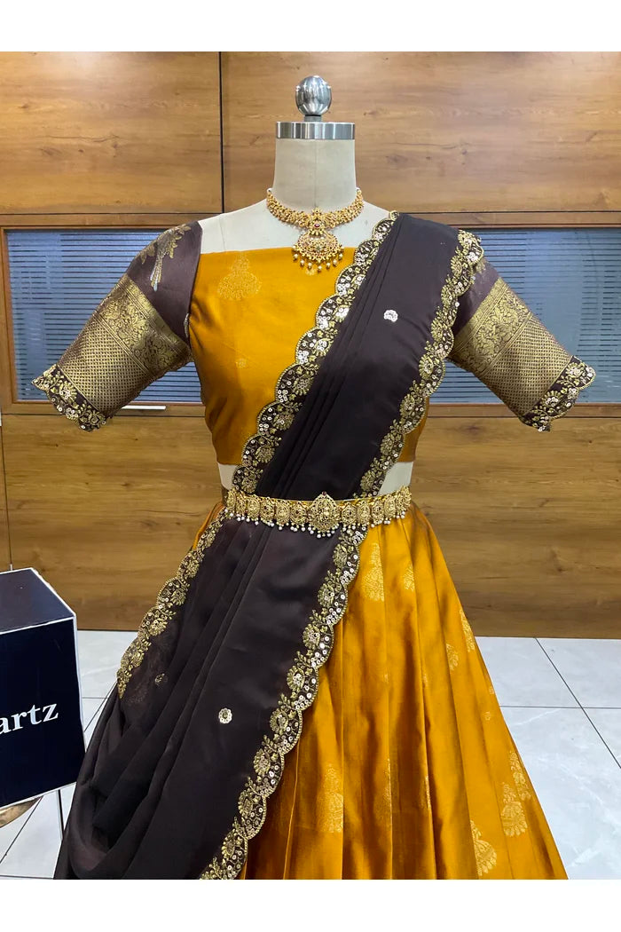 Beautiful South Indian Style Semi-Stitched Half Saree with Blouse and Dupatta for Women | Paradise