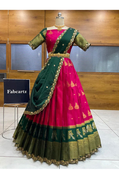 Beautiful South Indian Style Semi-Stitched Half Saree with Blouse and Dupatta for Women | Paradise