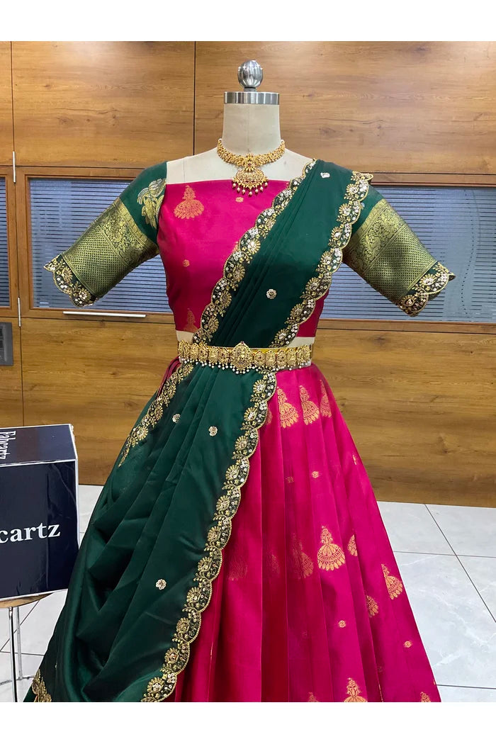 Beautiful South Indian Style Semi-Stitched Half Saree with Blouse and Dupatta for Women | Paradise