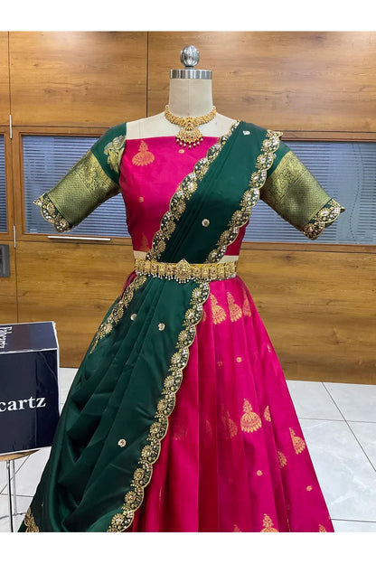 Beautiful South Indian Style Semi-Stitched Half Saree with Blouse and Dupatta for Women | Paradise