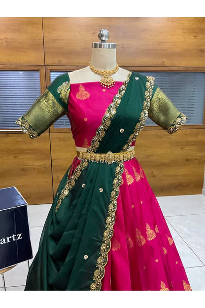 Beautiful South Indian Style Semi-Stitched Half Saree with Blouse and Dupatta for Women | Paradise