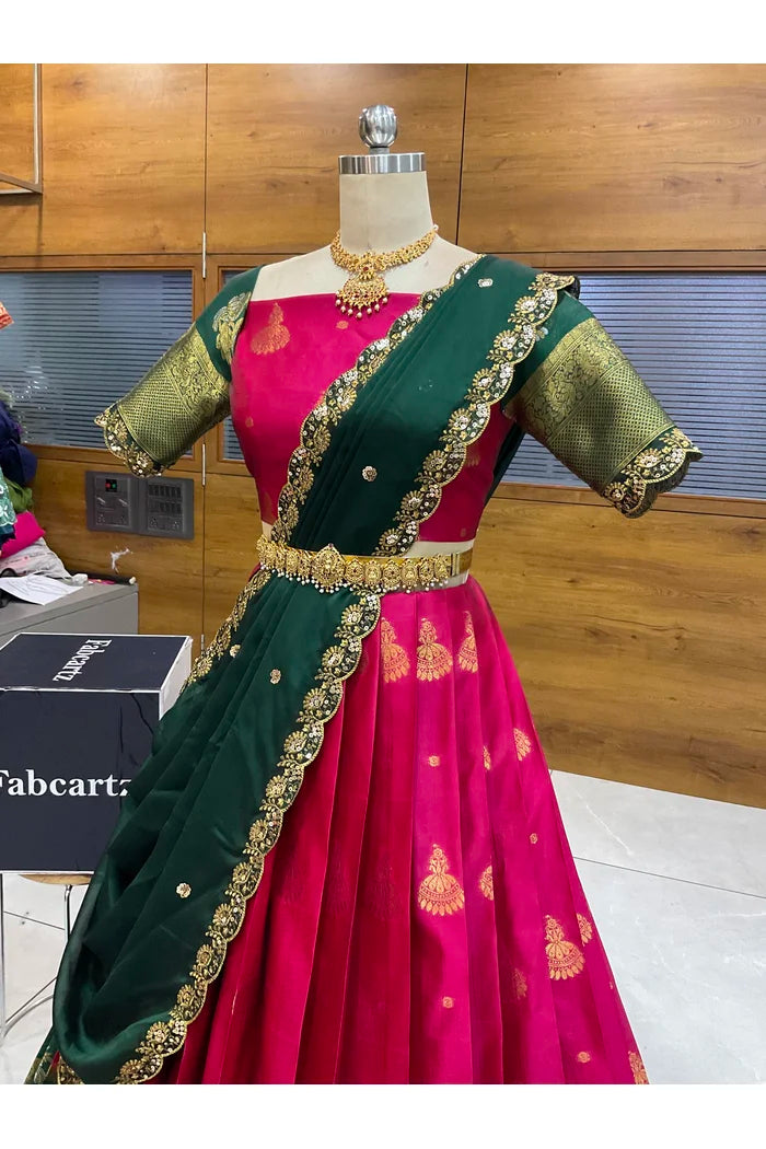 Beautiful South Indian Style Semi-Stitched Half Saree with Blouse and Dupatta for Women | Paradise