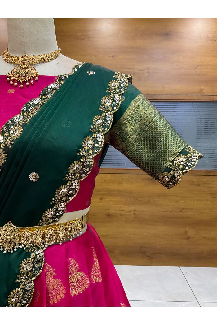 Beautiful South Indian Style Semi-Stitched Half Saree with Blouse and Dupatta for Women | Paradise