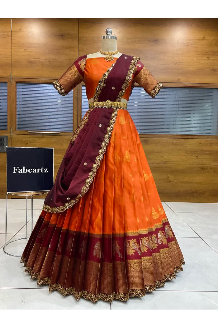 Beautiful South Indian Style Semi-Stitched Half Saree with Blouse and Dupatta for Women | Paradise