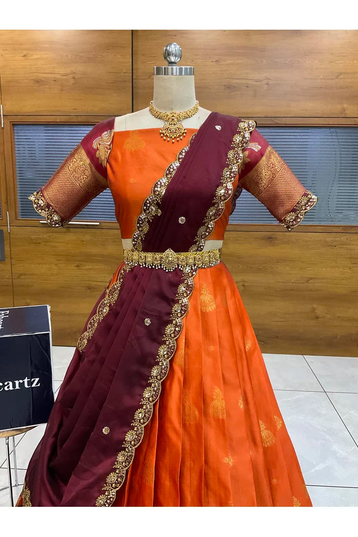 Beautiful South Indian Style Semi-Stitched Half Saree with Blouse and Dupatta for Women | Paradise