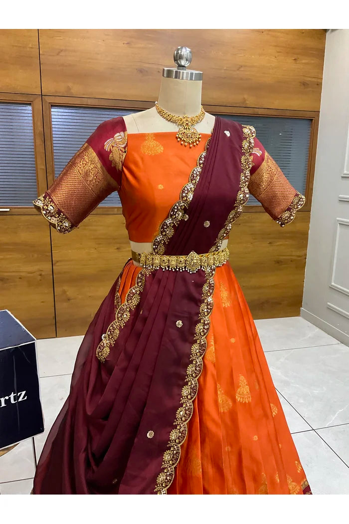 Beautiful South Indian Style Semi-Stitched Half Saree with Blouse and Dupatta for Women | Paradise