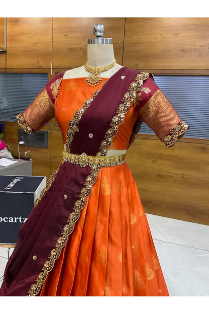 Beautiful South Indian Style Semi-Stitched Half Saree with Blouse and Dupatta for Women | Paradise
