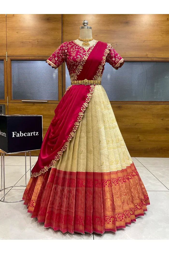Beautiful South Indian Style Half Saree with Blouse and Dupatta for Women | Rudhira