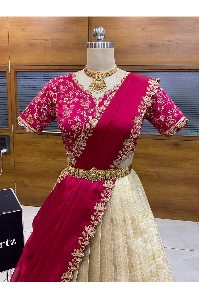 Beautiful South Indian Style Half Saree with Blouse and Dupatta for Women | Rudhira