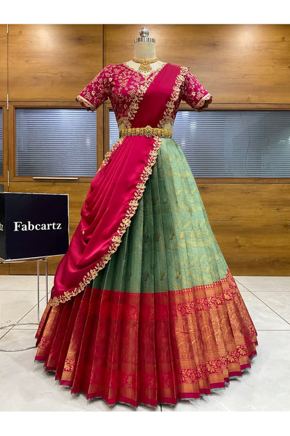 Beautiful South Indian Style Half Saree with Blouse and Dupatta for Women | Rudhira