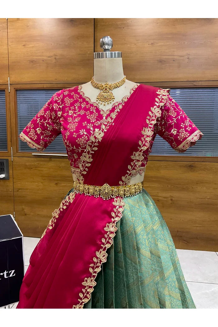 Beautiful South Indian Style Half Saree with Blouse and Dupatta for Women | Rudhira