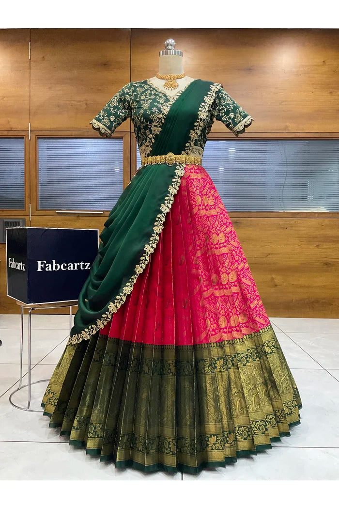 Beautiful South Indian Style Half Saree with Blouse and Dupatta for Women | Rudhira