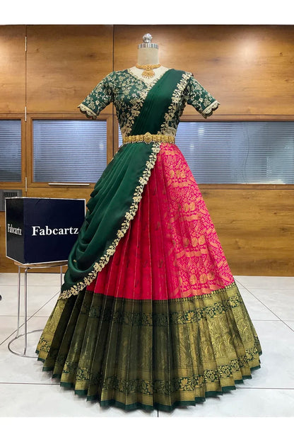 Beautiful South Indian Style Half Saree with Blouse and Dupatta for Women | Rudhira