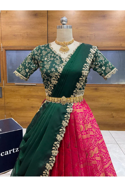 Beautiful South Indian Style Half Saree with Blouse and Dupatta for Women | Rudhira