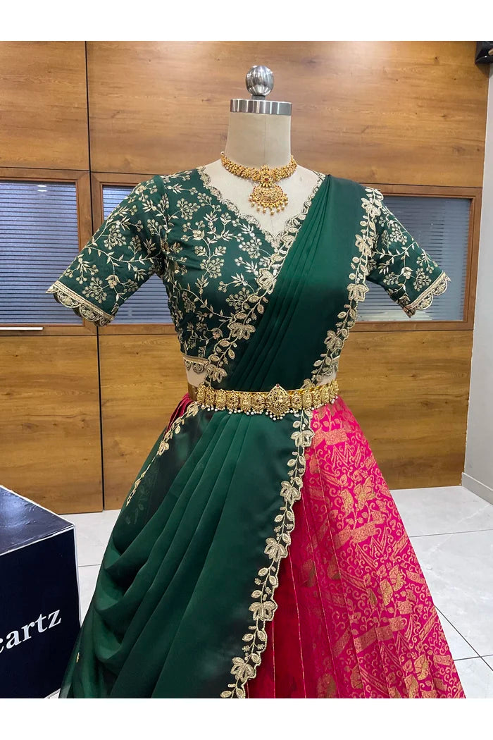 Beautiful South Indian Style Half Saree with Blouse and Dupatta for Women | Rudhira