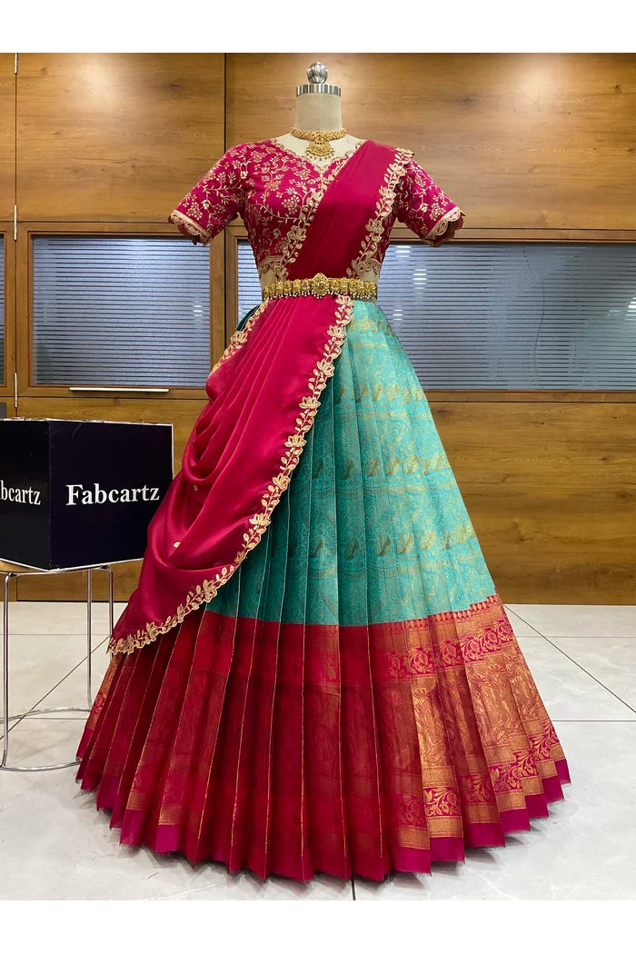 Beautiful South Indian Style Half Saree with Blouse and Dupatta for Women | Rudhira