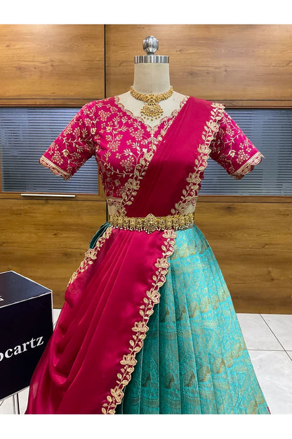Beautiful South Indian Style Half Saree with Blouse and Dupatta for Women | Rudhira