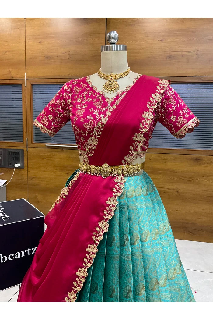 Beautiful South Indian Style Half Saree with Blouse and Dupatta for Women | Rudhira