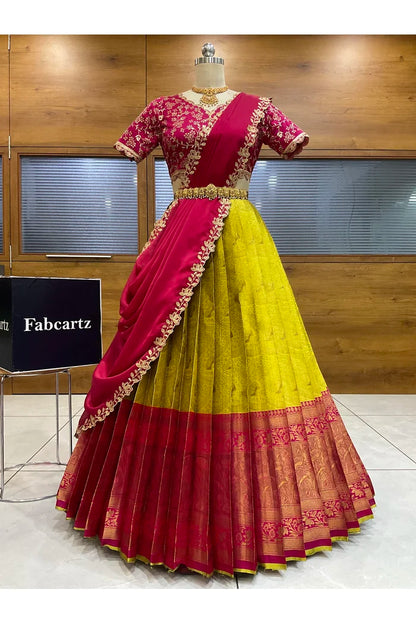 Beautiful South Indian Style Half Saree with Blouse and Dupatta for Women | Rudhira