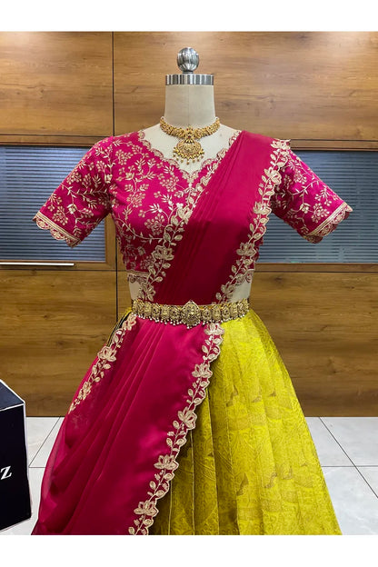 Beautiful South Indian Style Half Saree with Blouse and Dupatta for Women | Rudhira