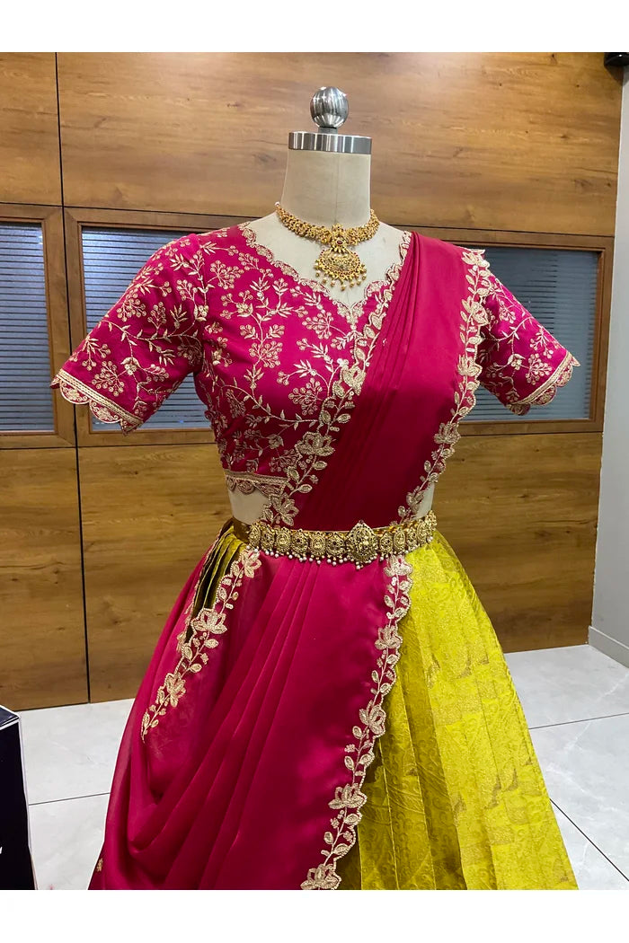 Beautiful South Indian Style Half Saree with Blouse and Dupatta for Women | Rudhira