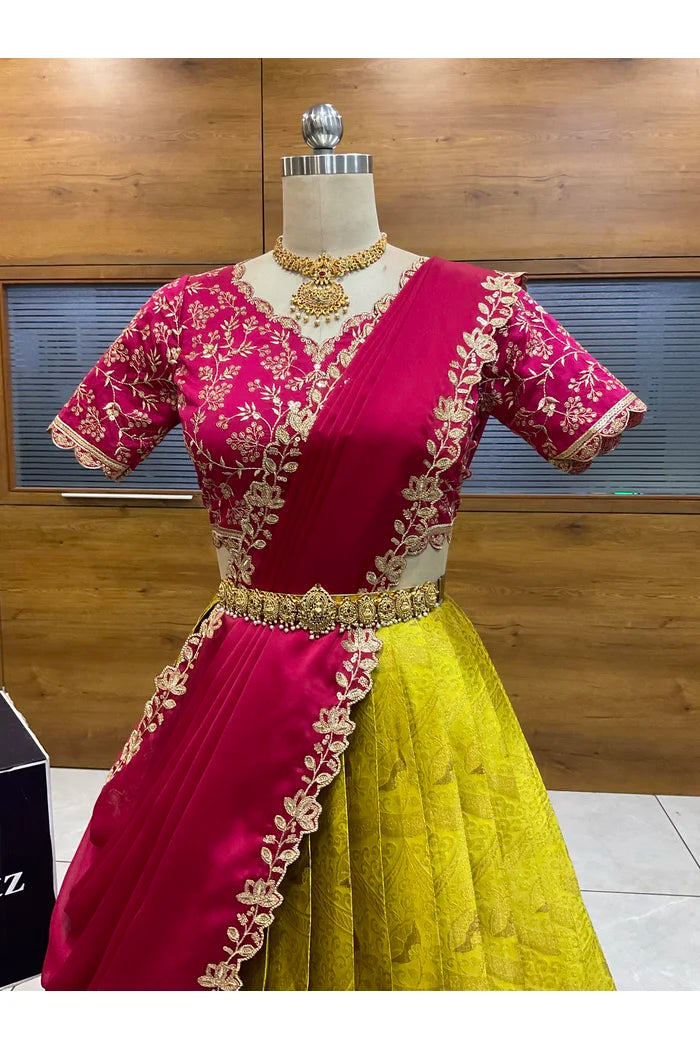Beautiful South Indian Style Half Saree with Blouse and Dupatta for Women | Rudhira