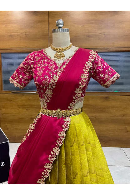 Beautiful South Indian Style Half Saree with Blouse and Dupatta for Women | Rudhira