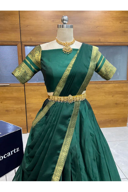 Beautiful South Indian Style Semi-Stitched Half Saree with Blouse and Dupatta for Women |  Swarna