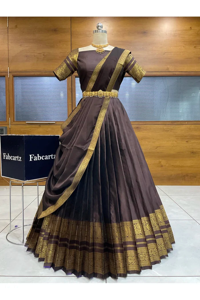 Beautiful South Indian Style Semi-Stitched Half Saree with Blouse and Dupatta for Women |  Swarna