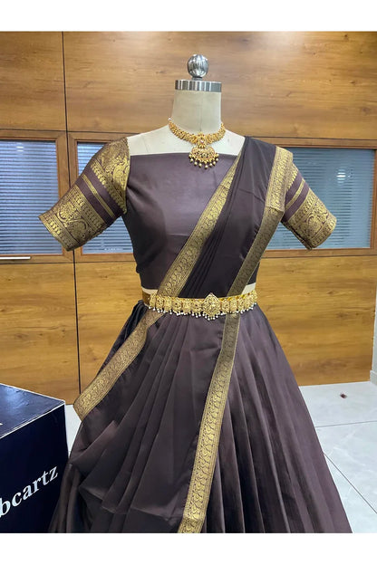 Beautiful South Indian Style Semi-Stitched Half Saree with Blouse and Dupatta for Women |  Swarna