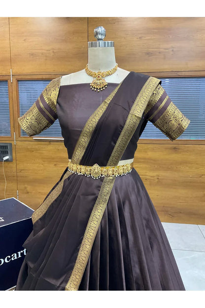 Beautiful South Indian Style Semi-Stitched Half Saree with Blouse and Dupatta for Women |  Swarna