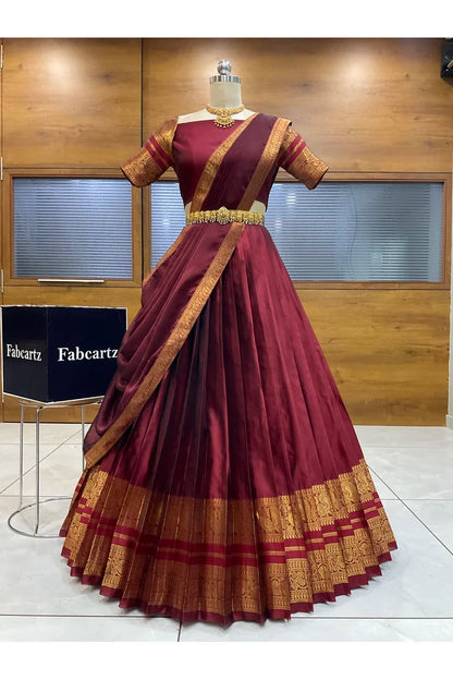 Beautiful South Indian Style Semi-Stitched Half Saree with Blouse and Dupatta for Women |  Swarna