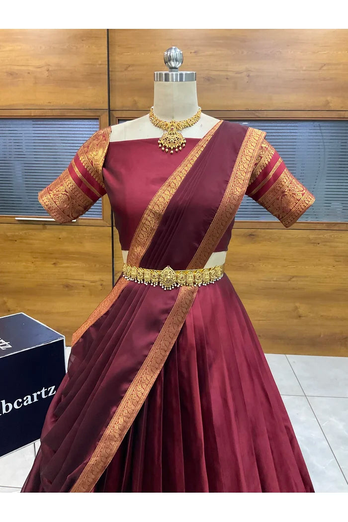Beautiful South Indian Style Semi-Stitched Half Saree with Blouse and Dupatta for Women |  Swarna