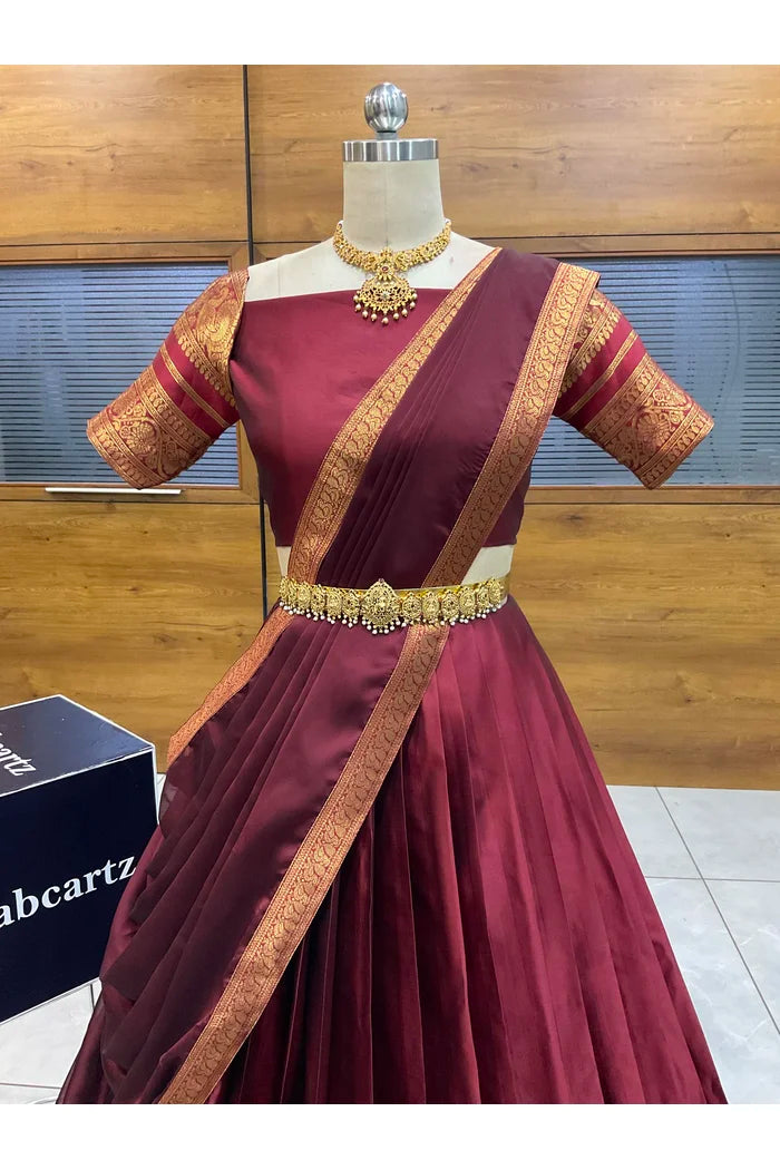 Beautiful South Indian Style Semi-Stitched Half Saree with Blouse and Dupatta for Women |  Swarna