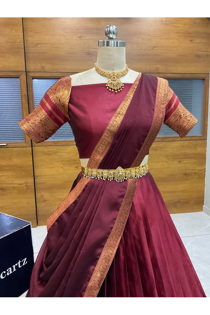 Beautiful South Indian Style Semi-Stitched Half Saree with Blouse and Dupatta for Women |  Swarna