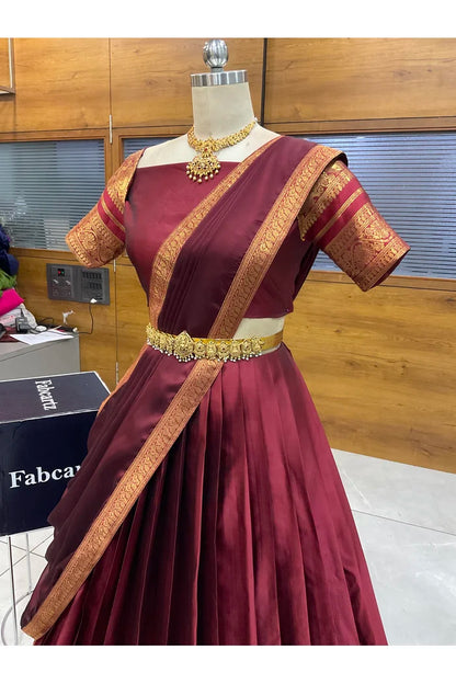 Beautiful South Indian Style Semi-Stitched Half Saree with Blouse and Dupatta for Women |  Swarna