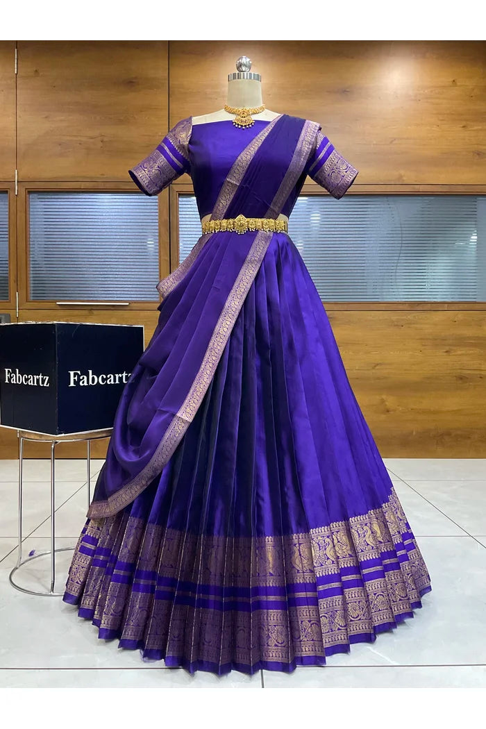 Beautiful South Indian Style Semi-Stitched Half Saree with Blouse and Dupatta for Women |  Swarna