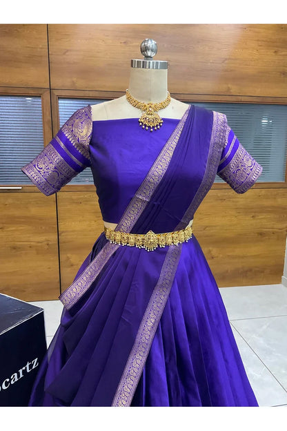 Beautiful South Indian Style Semi-Stitched Half Saree with Blouse and Dupatta for Women |  Swarna