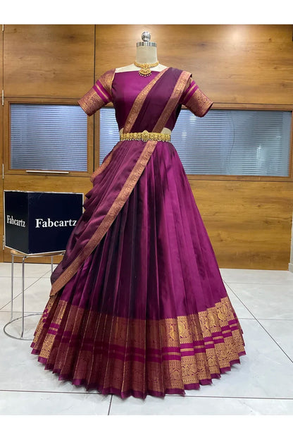 Beautiful South Indian Style Semi-Stitched Half Saree with Blouse and Dupatta for Women |  Swarna