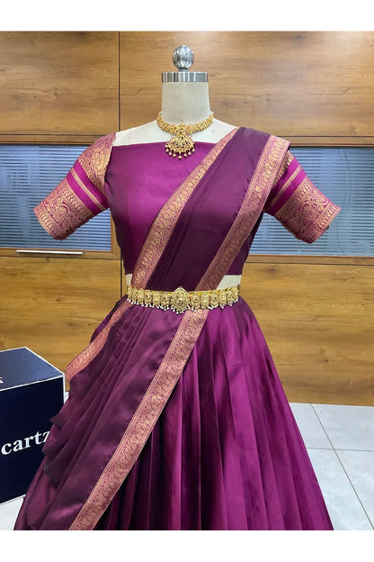 Beautiful South Indian Style Semi-Stitched Half Saree with Blouse and Dupatta for Women |  Swarna
