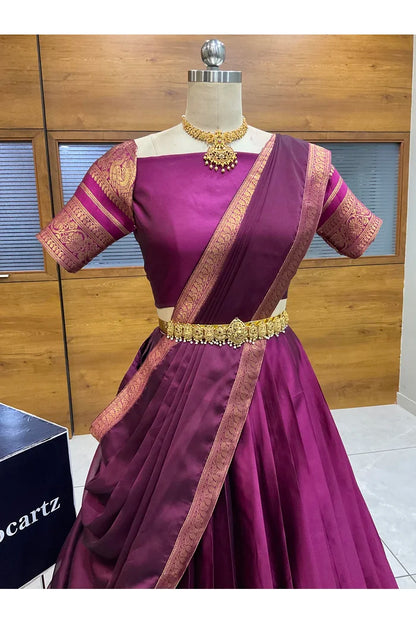 Beautiful South Indian Style Semi-Stitched Half Saree with Blouse and Dupatta for Women |  Swarna