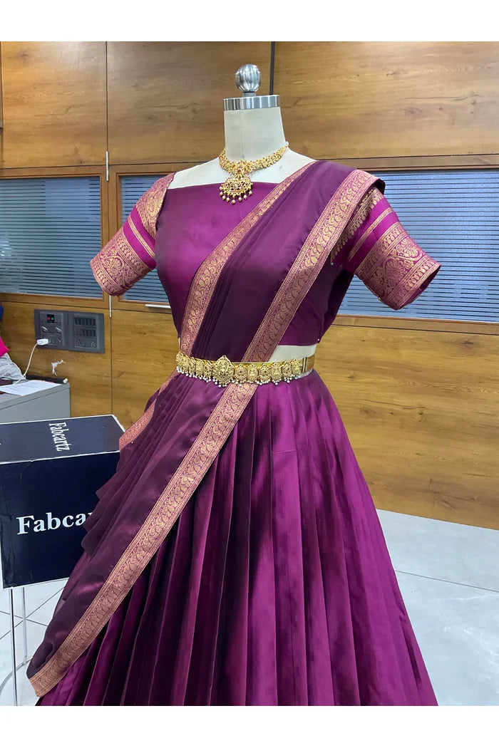 Beautiful South Indian Style Semi-Stitched Half Saree with Blouse and Dupatta for Women |  Swarna