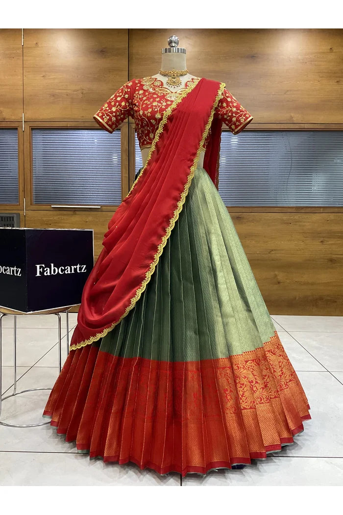 Beautiful South Indian Style Half Saree with Blouse and Dupatta for Women | Lajja