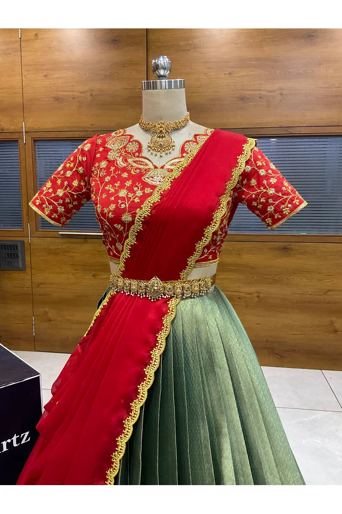 Beautiful South Indian Style Half Saree with Blouse and Dupatta for Women | Lajja